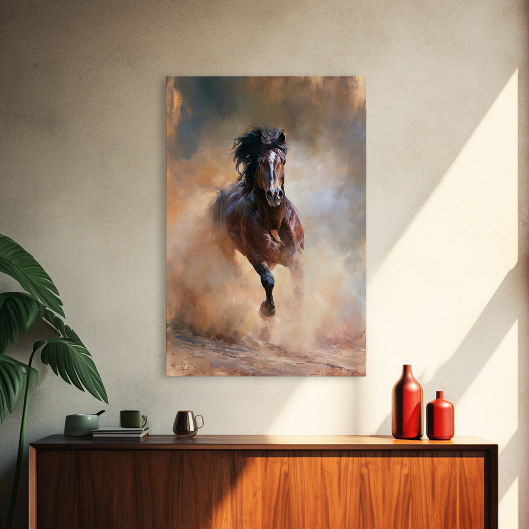 Galloping Horse in Golden Dust and Sunlight Canvas Print, Equestrian Art, Boho Wall Art, Living Room Decor, Oil Painting, EQU-2x3-57
