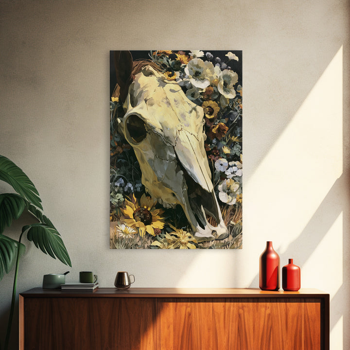 Horse Skull with Desert Flowers in Western Canvas Print, Equestrian Art, Living Room Decor, Equestrian, Farmhouse Wall Art, EQU-2x3-77