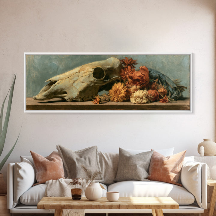 Horse Skull with Desert Flowers in Western Canvas Print, Equestrian Art, Modern Wall Art, Living Room Decor, Equestrian, EQU-3x1-37