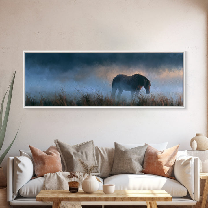 Horse in Misty Pasture with Peaceful Mood Canvas Print, Equestrian Art, Gallery Decor, Living Room Decor, Fine Art, Equestrian, EQU-3x1-40