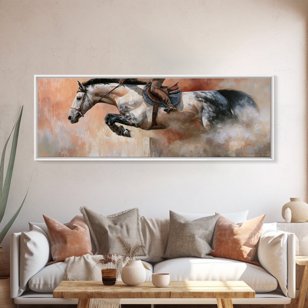 Show Jumping Horse Mid Leap Framed Canvas Print, Equestrian Art, Wall Decor, Living Room Decor, Oil Painting, Equestrian, EQU-3x1-47