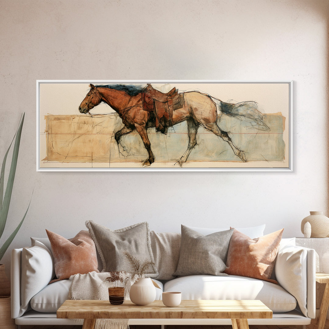 Minimal Horse Contour Drawing on Cream Paper Canvas Print, Equestrian Art, Digital Print, Living Room Decor, Equestrian, EQU-3x1-5
