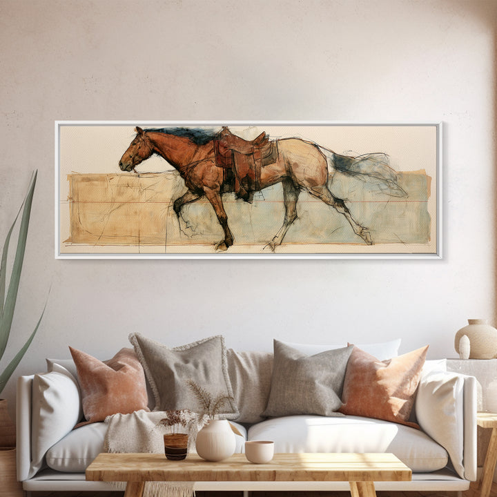 Minimal Horse Contour Drawing on Cream Paper Canvas Print, Equestrian Art, Digital Print, Living Room Decor, Equestrian, EQU-3x1-5
