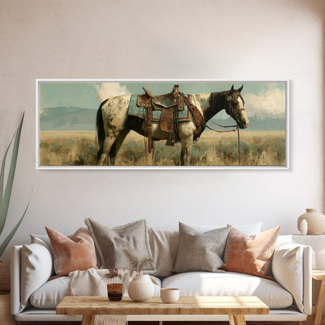 Arabian Horse with Ornate Tack and Silk Framed Canvas Print, Equestrian Art, Contemporary Art, Living Room Decor, Equestrian, EQU-3x1-55