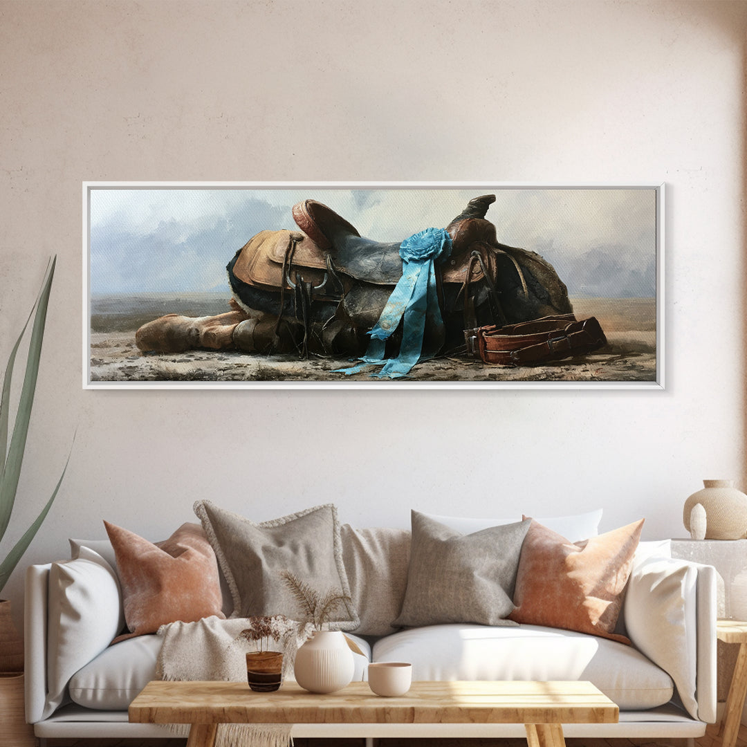 Blue Ribbon and Saddle Competition Still Life Canvas Print, Equestrian Art, Moody Wall Art, Living Room Decor, Equestrian, EQU-3x1-57