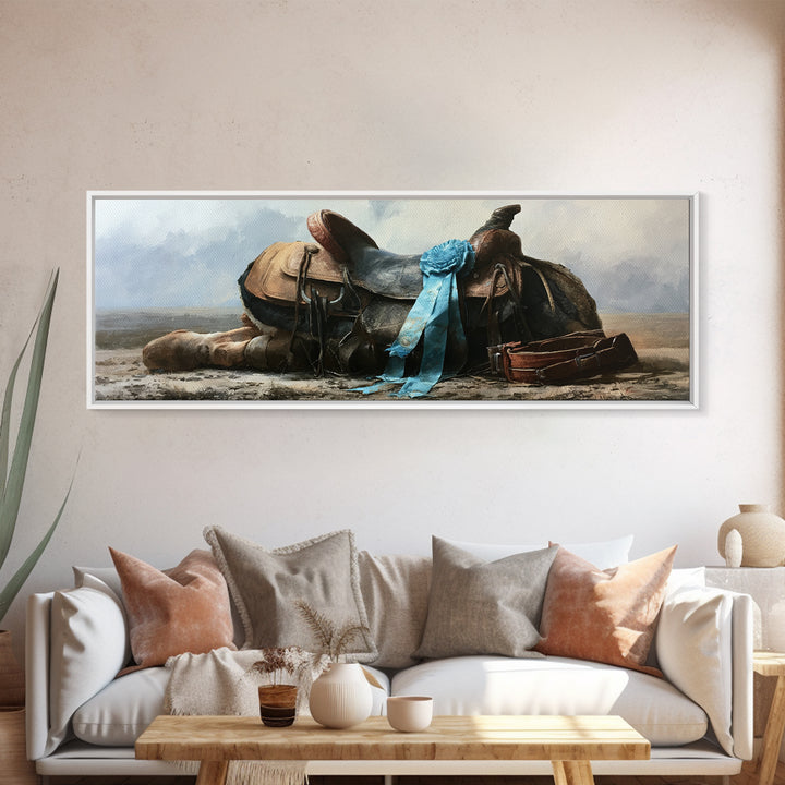 Blue Ribbon and Saddle Competition Still Life Canvas Print, Equestrian Art, Moody Wall Art, Living Room Decor, Equestrian, EQU-3x1-57
