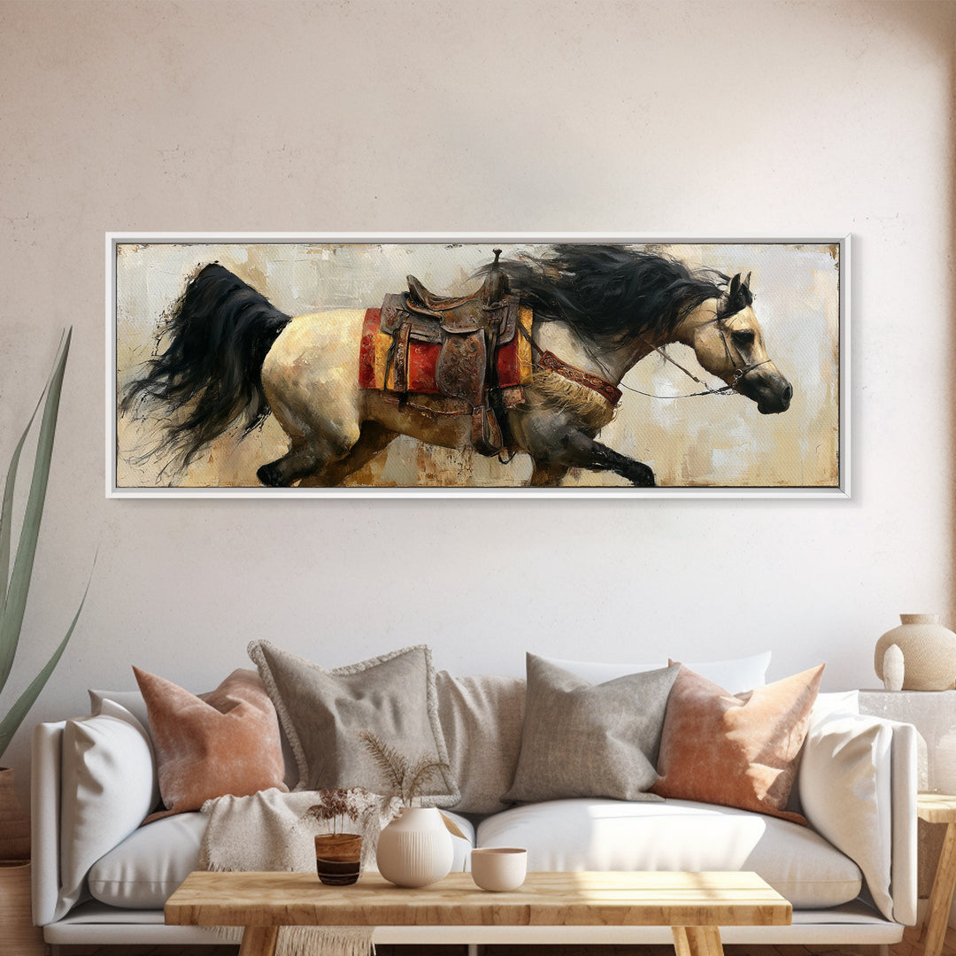 Arabian Horse with Ornate Tack and Silk Framed Canvas Print, Equestrian Art, Neutral Decor, Living Room Decor, Equestrian, EQU-3x1-7