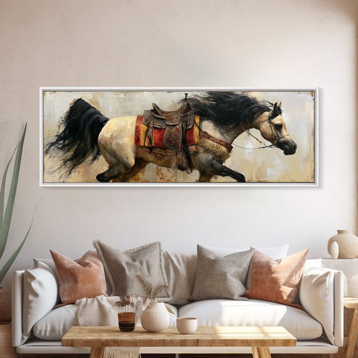 Arabian Horse with Ornate Tack and Silk Framed Canvas Print, Equestrian Art, Neutral Decor, Living Room Decor, Equestrian, EQU-3x1-7
