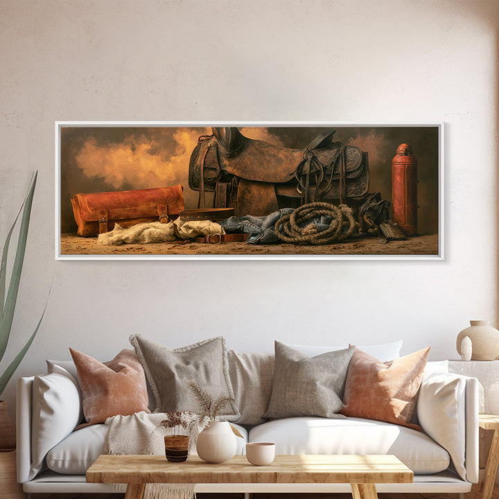 Stable Tools Arranged Like Old Master Still Framed Canvas Print, Equestrian Art, Large Wall Art, Living Room Decor, Equestrian, EQU-3x1-87