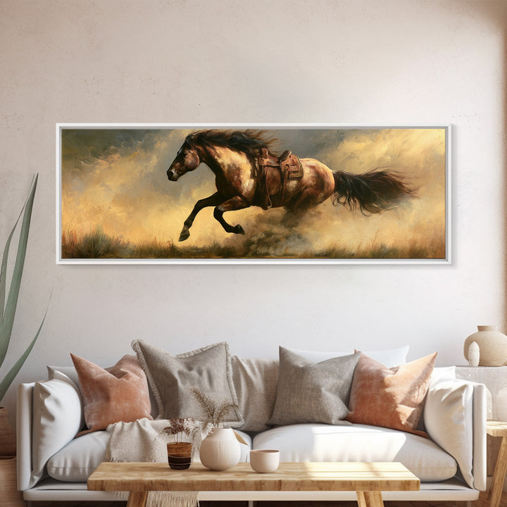 Galloping Horse in Golden Dust and Sunlight Canvas Print, Equestrian Art, Western Art, Living Room Decor, Equestrian, EQU-3x1-89