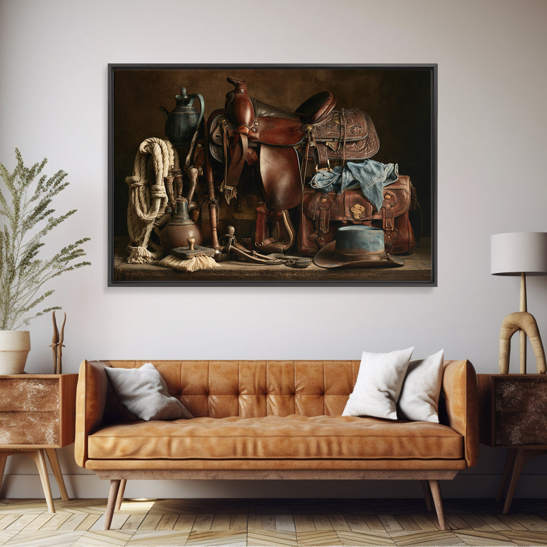 Stable Tools Arranged Like Old Master Still Canvas Print, Equestrian Art, Boho Wall Art, Living Room Decor, Equestrian, EQU-3x2-3