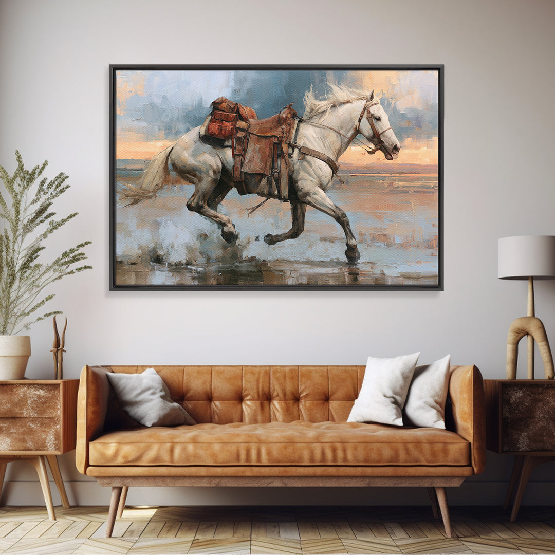 White Horse Running Through Shallow Water Canvas Print, Equestrian Art, Cabin Decor, Living Room Decor, Fine Art, Equestrian, EQU-3x2-33