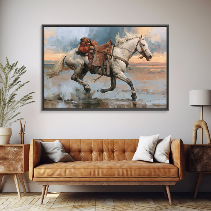 White Horse Running Through Shallow Water Canvas Print, Equestrian Art, Cabin Decor, Living Room Decor, Fine Art, Equestrian, EQU-3x2-33