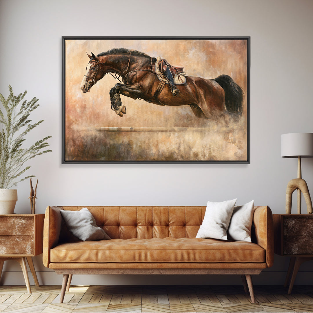 Show Jumping Horse Mid Leap Framed Canvas Print, Equestrian Art, Gallery Wall Art, Living Room Decor, Fine Art, Equestrian, EQU-3x2-35