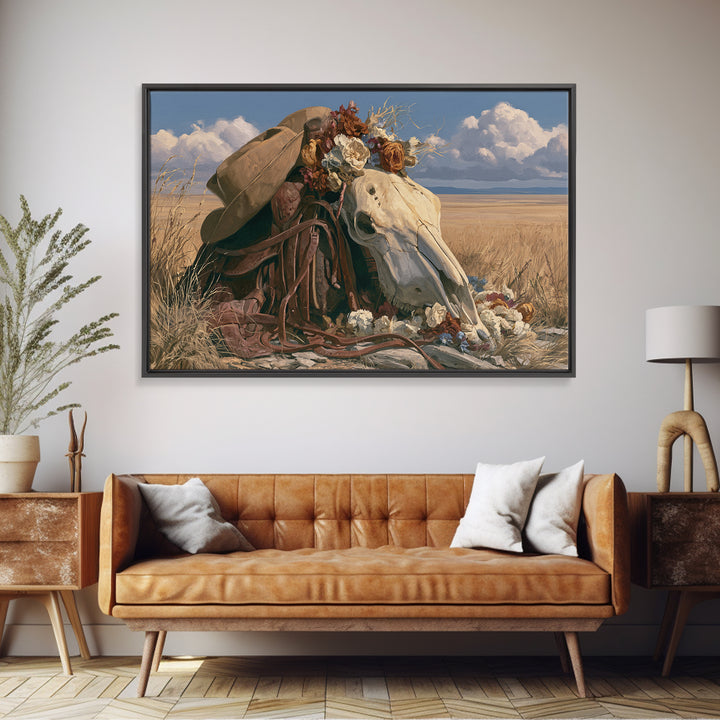 Horse Skull with Desert Flowers in Western Canvas Print, Equestrian Art, French Country Decor, Living Room Decor, Equestrian, EQU-3x2-49