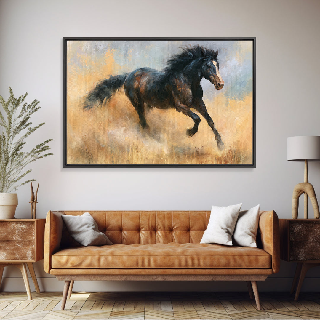 Galloping Horse in Golden Dust and Sunlight Canvas Print, Equestrian Art, Abstract Painting, Living Room Decor, Equestrian, EQU-3x2-5