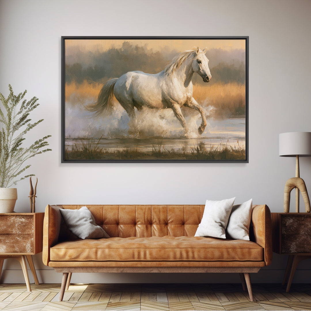 White Horse Running Through Shallow Water Canvas Print, Equestrian Art, Cabin Decor, Living Room Decor, Fine Art, Equestrian, EQU-3x2-57