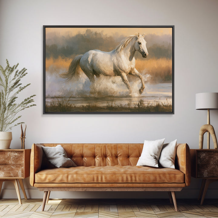 White Horse Running Through Shallow Water Canvas Print, Equestrian Art, Cabin Decor, Living Room Decor, Fine Art, Equestrian, EQU-3x2-57