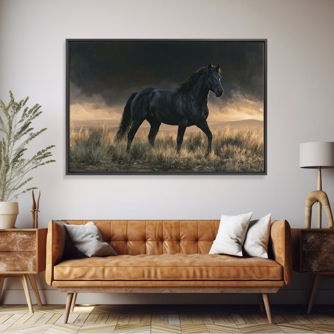 Black Horse Portrait on Deep Charcoal Background Canvas Print, Equestrian Art, Green Wall Art, Living Room Decor, Equestrian, EQU-3x2-78