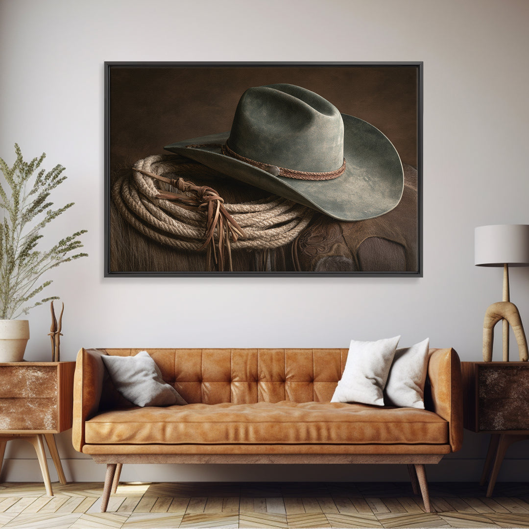 Cowgirl Hat and Reins Still Life Framed Canvas Print, Equestrian Art, Fine Art Print, Living Room Decor, Fine Art, Equestrian, EQU-3x2-87