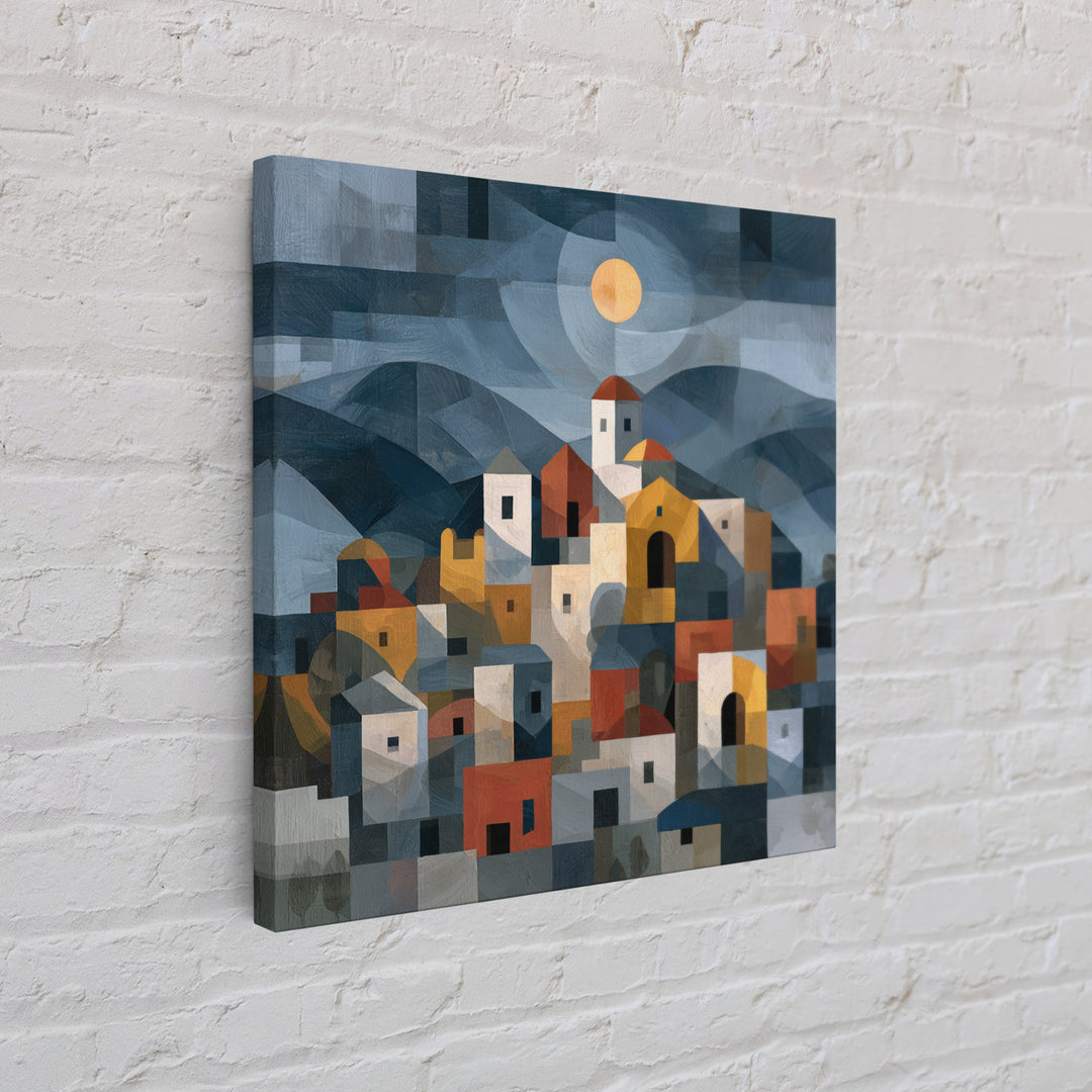 Moonlit Village with Swirling Unnatural Color Canvas Print, Expressionist Art, Unique Wall Art, Living Room Decor, Expression, EXP-1x1-60