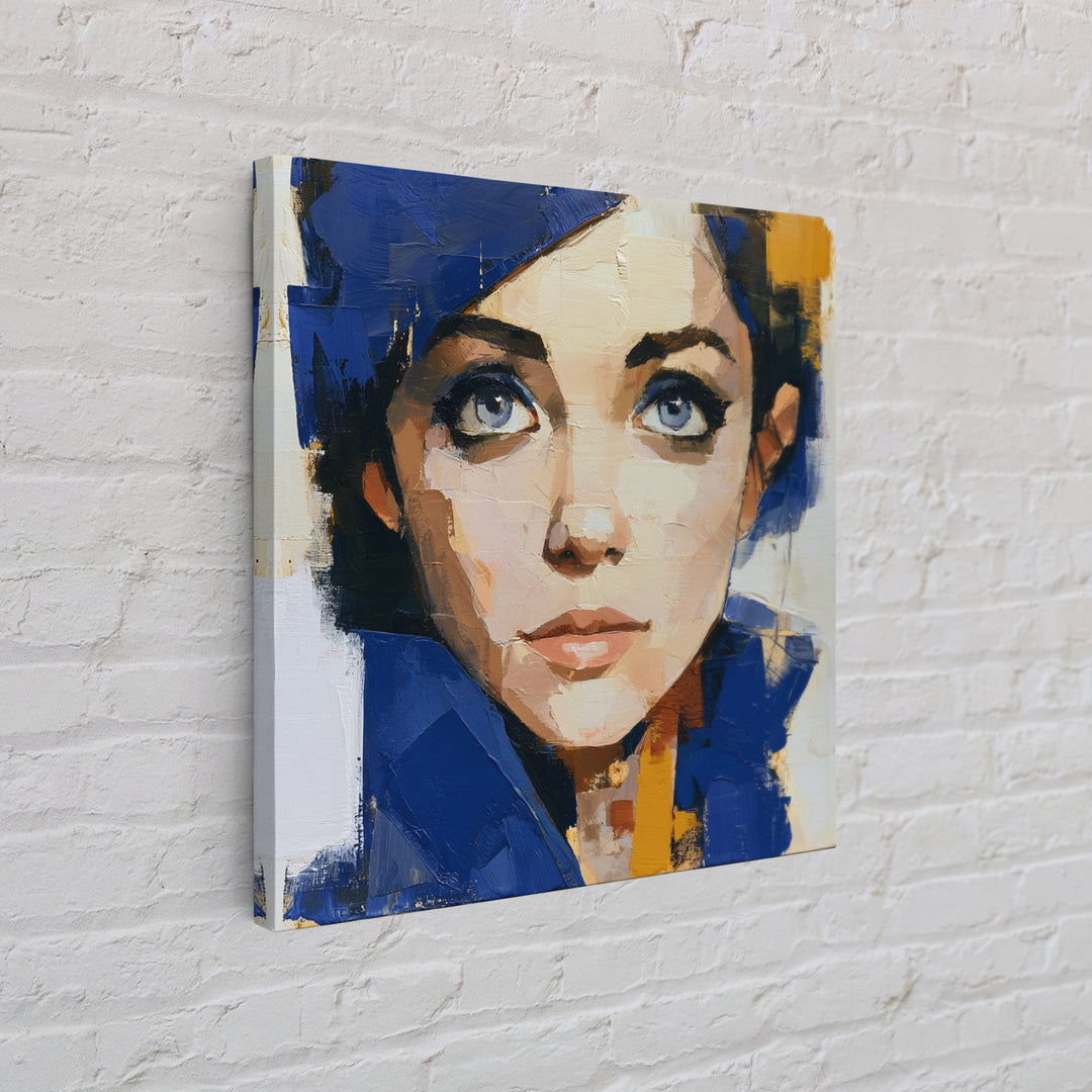 Woman in Blue with Dramatic Expressive Eyes Canvas Print, Expressionist Art, Minimalist Decor, Living Room Decor, Expression, EXP-1x1-88