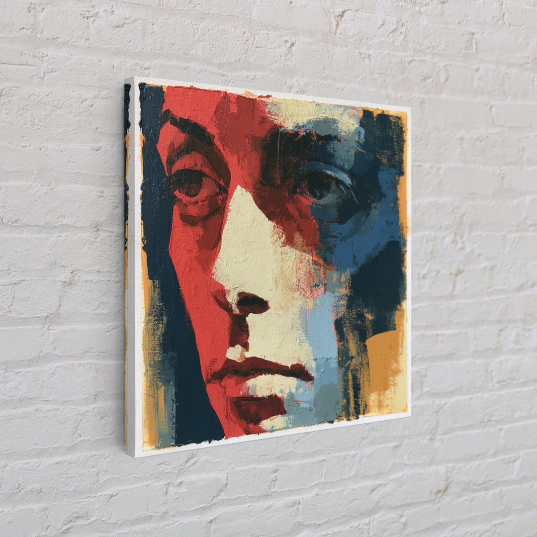 Emotional Portrait with Bold Red and Blue Canvas Print, Expressionist Art, Textured Painting, Living Room Decor, Expression, EXP-1x1-98