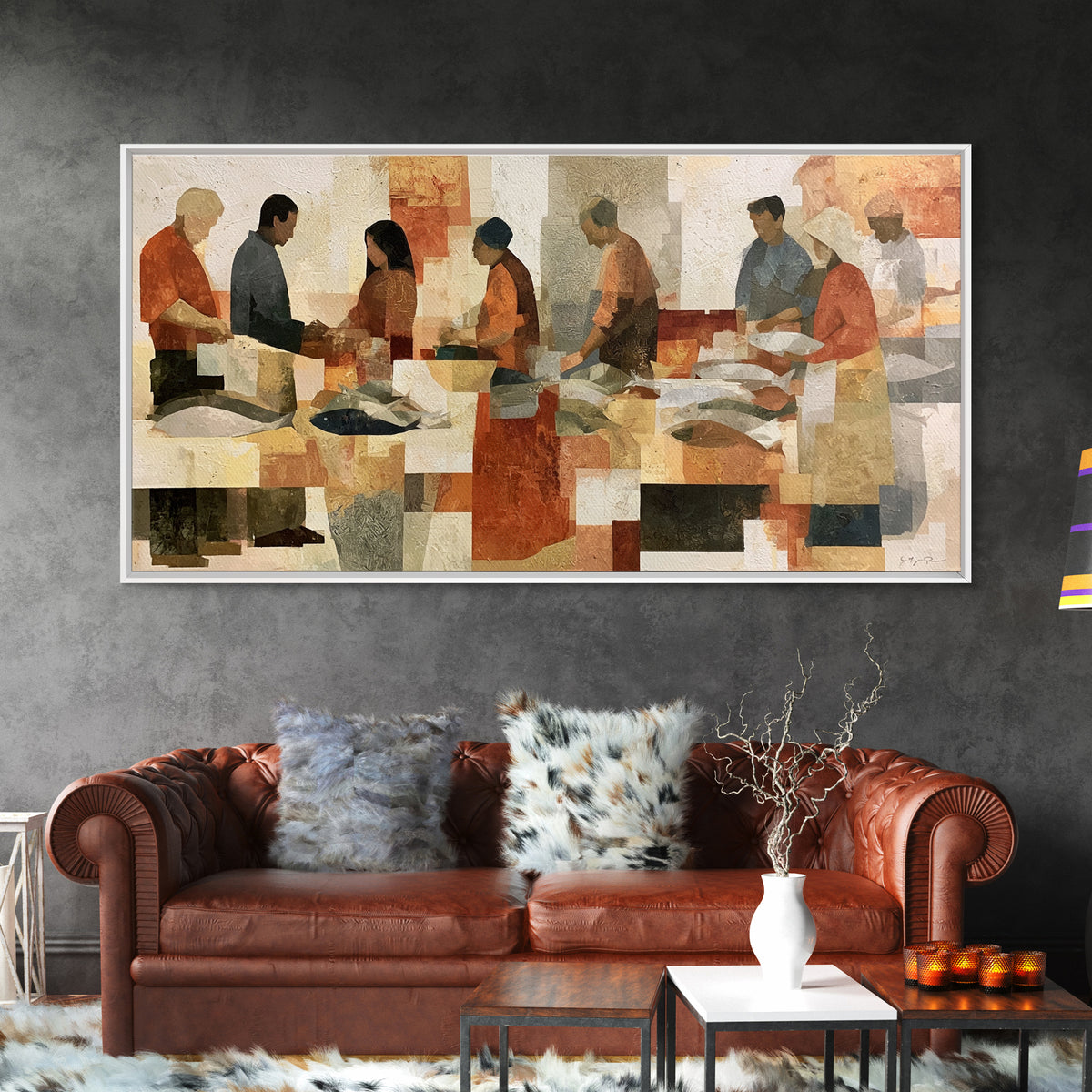 Fish Market Scene Framed Canvas Print, Expressionist Art, Room Decor, Living Room Decor, Abstract Art, Expression, EXP-2x1-18