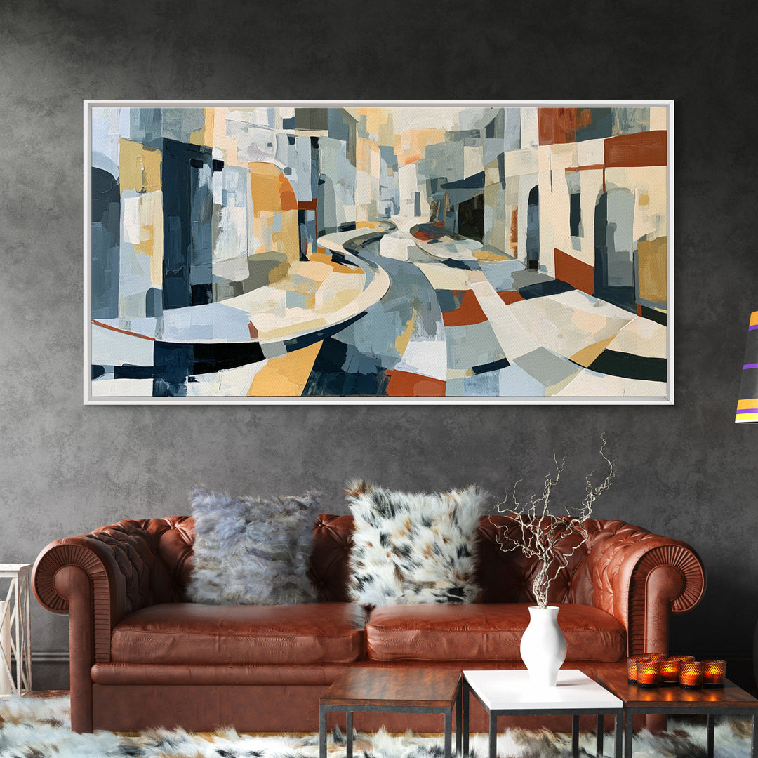 Distorted City Street Framed Canvas Print, Expressionist Art, Abstract Art, Living Room Decor, Expression, Blue Wall Art, EXP-2x1-45