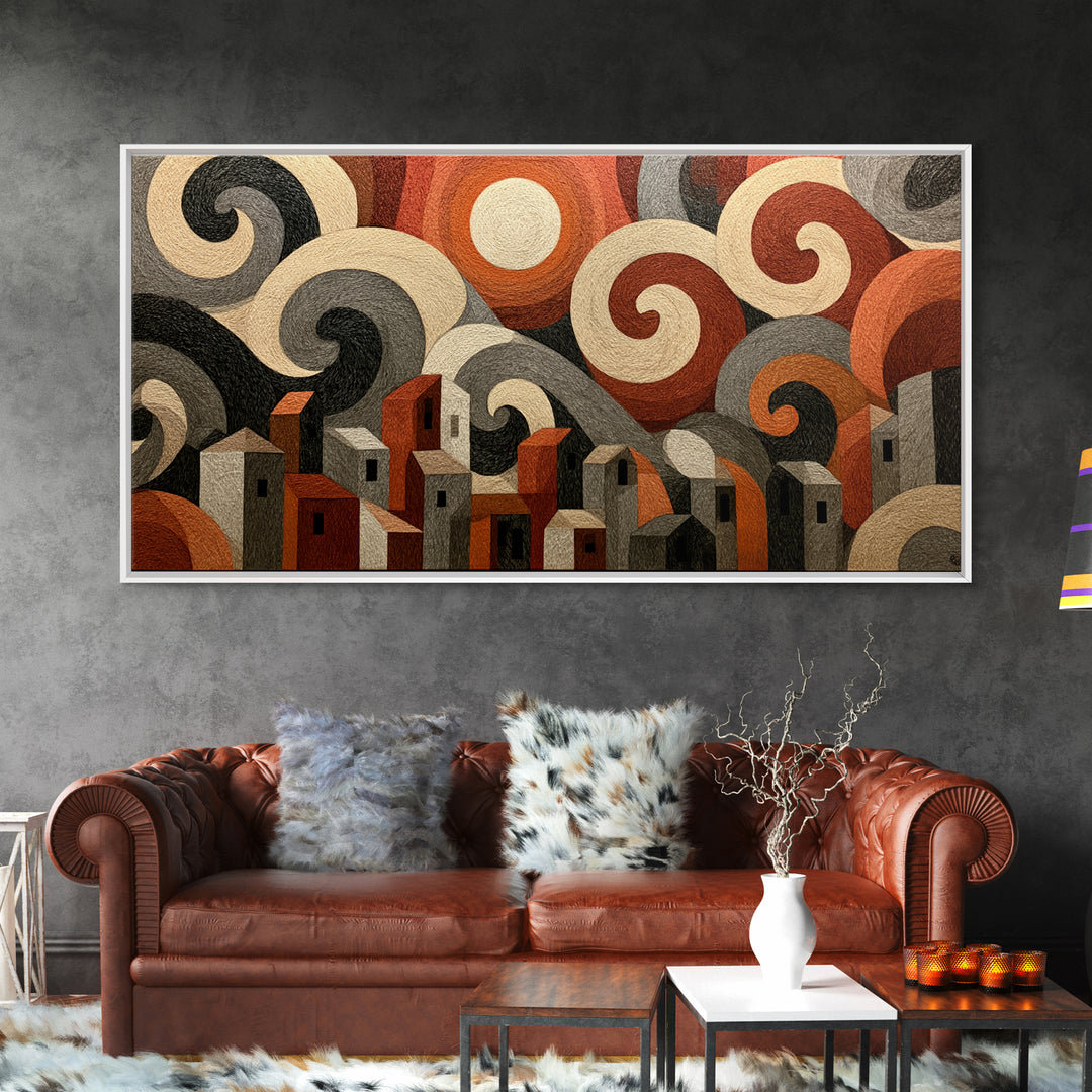 Moonlit Village with Swirling Unnatural Color Framed Canvas Print, Expressionist Art, Art Print, Living Room Decor, Expression, EXP-2x1-56