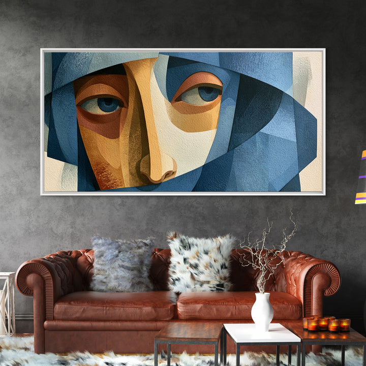 Woman in Blue with Dramatic Expressive Eyes Framed Canvas Print, Expressionist Art, Digital Art, Living Room Decor, Expression, EXP-2x1-60