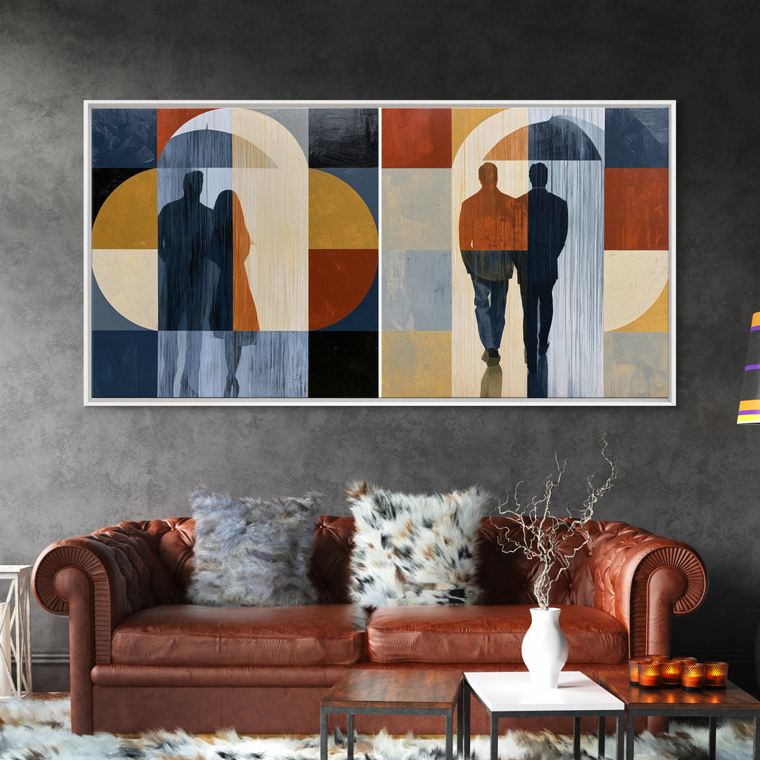Couple Walking Through Rain Framed Canvas Print, Expressionist Art, Large Wall Art, Living Room Decor, Fine Art, Expression, EXP-2x1-91