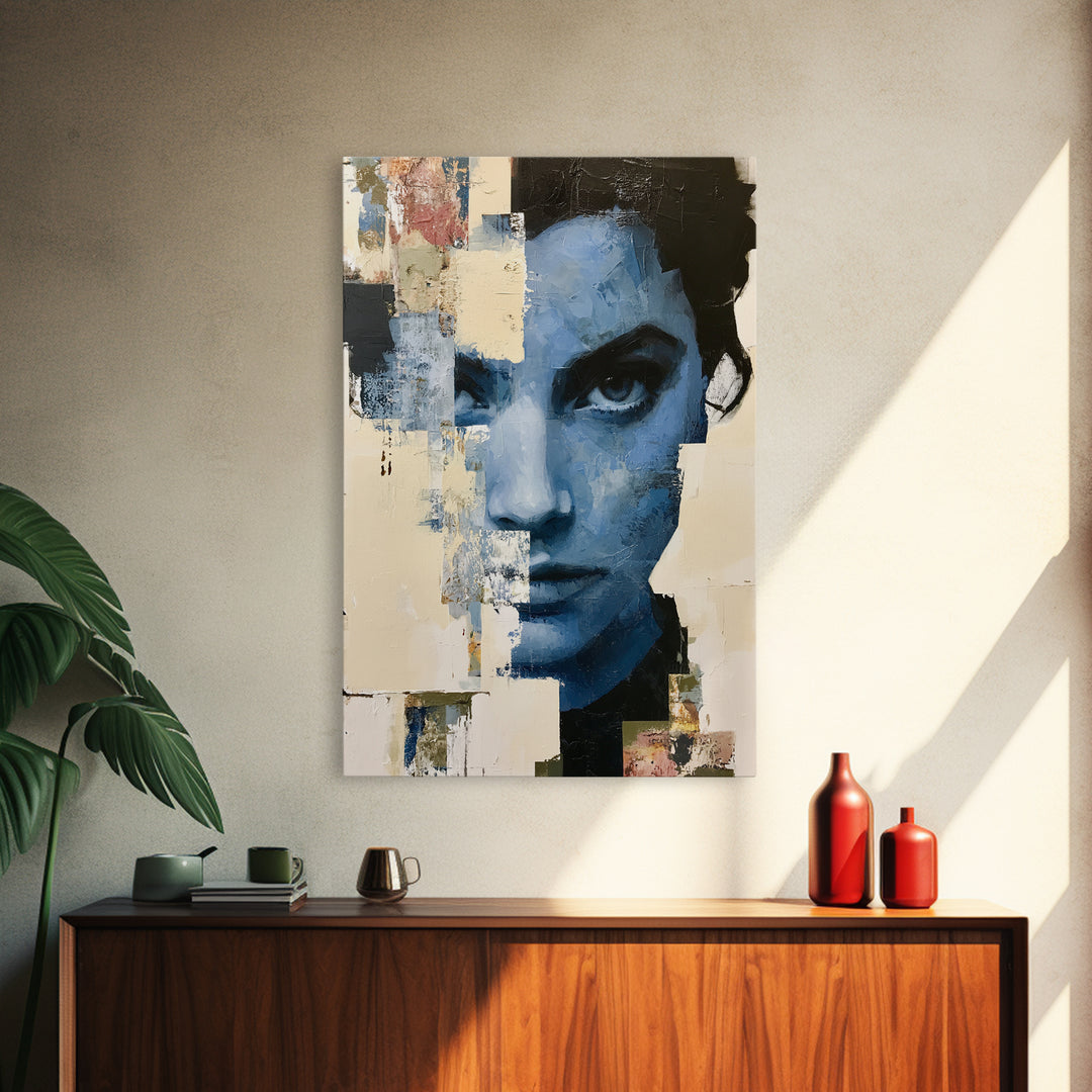 Woman in Blue with Dramatic Expressive Eyes Canvas Print, Expressionist Art, Modern Decor, Living Room Decor, Expression, EXP-2x3-24