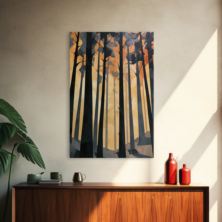 Dark Forest with Angular Trees and Yellow Canvas Print, Expressionist Art, Living Room Decor, Expression, Moody Wall Art, EXP-2x3-38