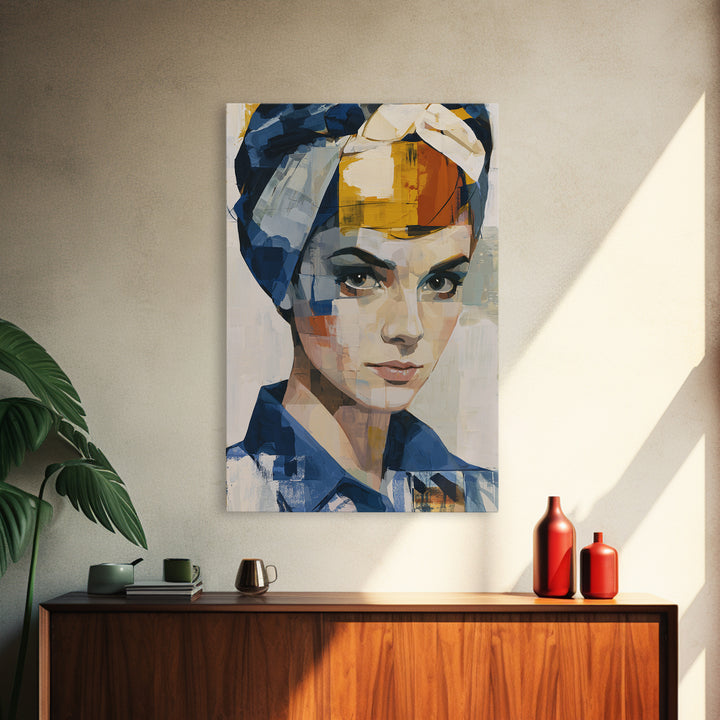 Woman in Blue with Dramatic Expressive Eyes Framed Canvas Print, Expressionist Art, Home Decor, Living Room Decor, Expression, EXP-2x3-48