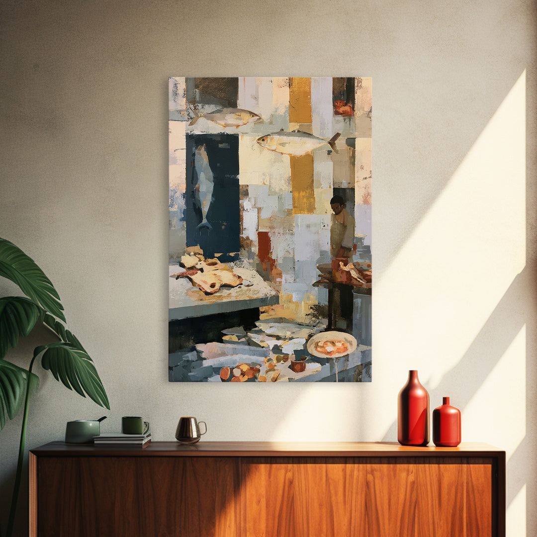 Fish Market Scene Canvas Print, Expressionist Art, Painting, Living Room Decor, Abstract Art, Expression, Abstract Wall Art, EXP-2x3-54