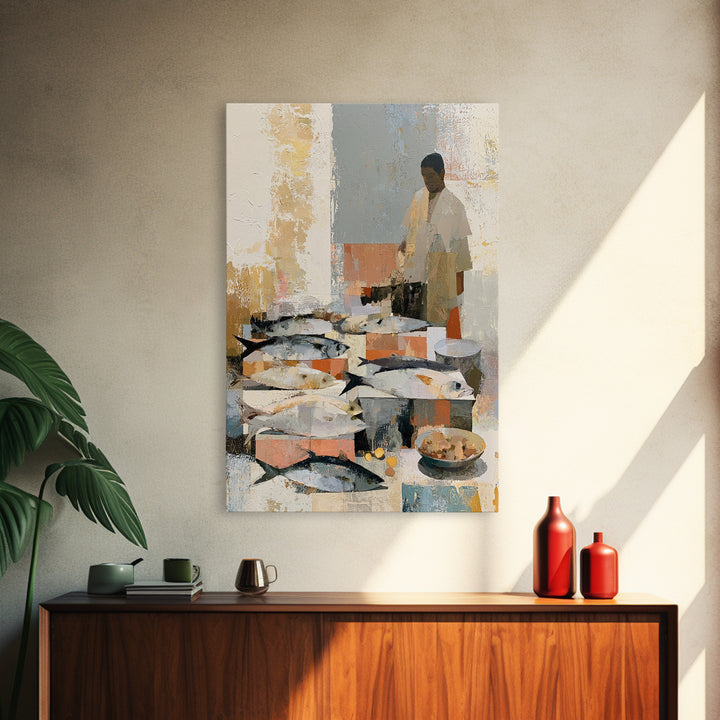 Fish Market Scene Framed Canvas Print, Expressionist Art, Minimalist Decor, Living Room Decor, Fine Art, Expression, EXP-2x3-6