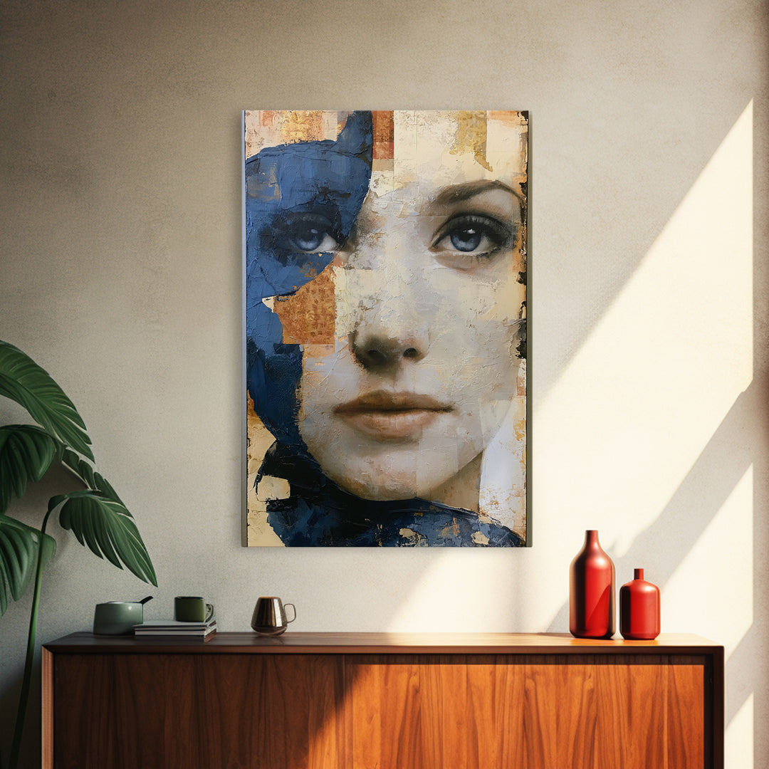 Woman in Blue with Dramatic Expressive Eyes Canvas Print, Expressionist Art, Digital Art, Living Room Decor, Expression, EXP-2x3-72