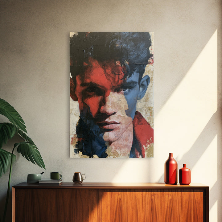 Emotional Portrait with Bold Red and Blue Canvas Print, Expressionist Art, Large Wall Art, Living Room Decor, Expression, EXP-2x3-82