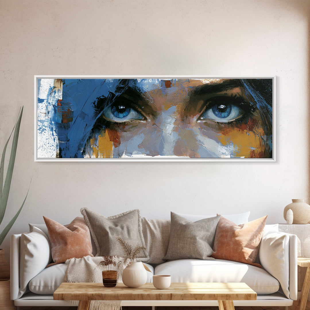 Woman in Blue with Dramatic Expressive Eyes Canvas Print, Expressionist Art, Colorful Wall Art, Living Room Decor, Expression, EXP-3x1-32