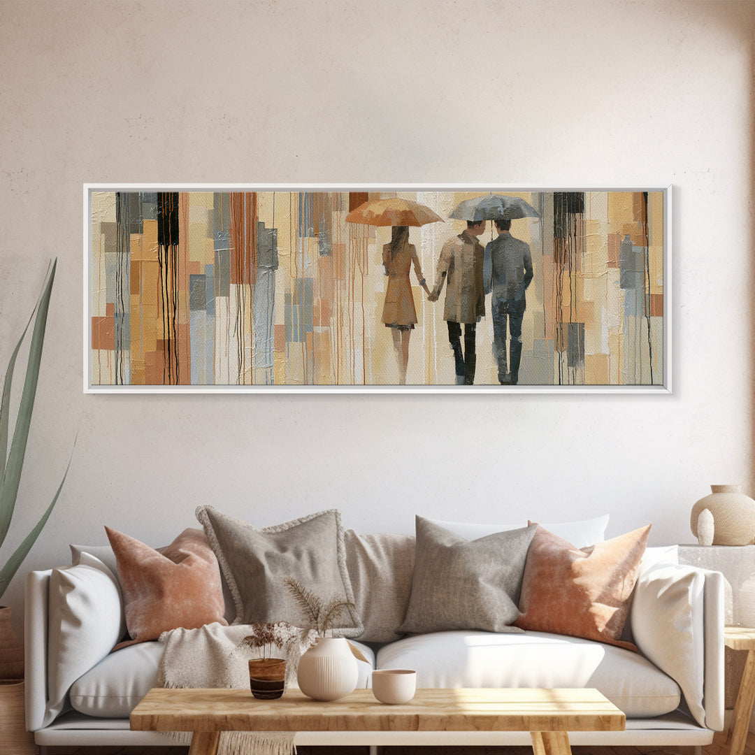 Couple Walking Through Rain Framed Canvas Print, Expressionist Art, Large Wall Art, Living Room Decor, Fine Art, Expression, EXP-3x1-87