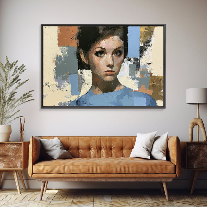 Woman in Blue with Dramatic Expressive Eyes Canvas Print, Expressionist Art, Colorful Wall Art, Living Room Decor, Expression, EXP-3x2-44