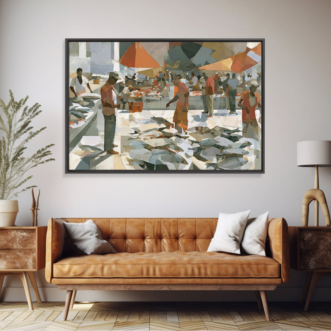Fish Market Scene Framed Canvas Print, Expressionist Art, Modern Wall Art, Living Room Decor, Expression, Fine Art Print, EXP-3x2-50