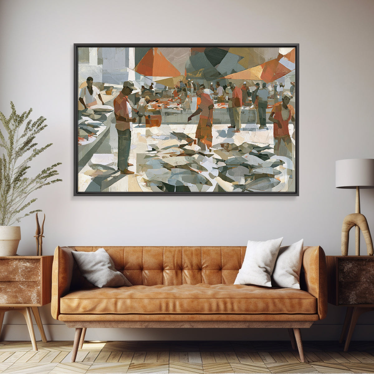 Fish Market Scene Framed Canvas Print, Expressionist Art, Modern Wall Art, Living Room Decor, Expression, Fine Art Print, EXP-3x2-50