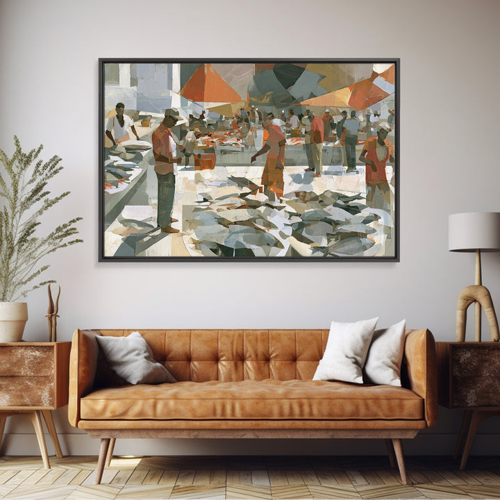 Fish Market Scene Framed Canvas Print, Expressionist Art, Modern Wall Art, Living Room Decor, Expression, Fine Art Print, EXP-3x2-50