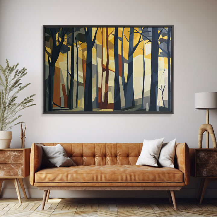 Dark Forest with Angular Trees and Yellow Canvas Print, Expressionist Art, Abstract Painting, Living Room Decor, Expression, EXP-3x2-58