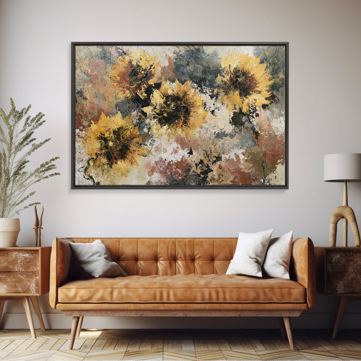 Sunflowers Twisting in Intense Painted Energy Canvas Print, Expressionist Art, Textured Painting, Living Room Decor, Expression, EXP-3x2-60