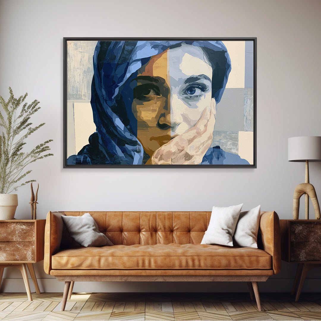 Woman in Blue with Dramatic Expressive Eyes Framed Canvas Print, Expressionist Art, Painting, Living Room Decor, Expression, EXP-3x2-92