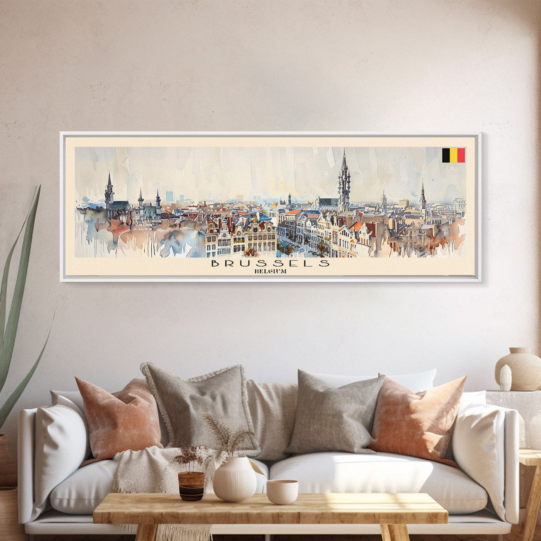 Brussels Belgium Panoramic Travel Poster, Framed Canvas Print or Metal Wall Art, Travel Art, Home Decor, Panoramic Painting, Midcentury Art