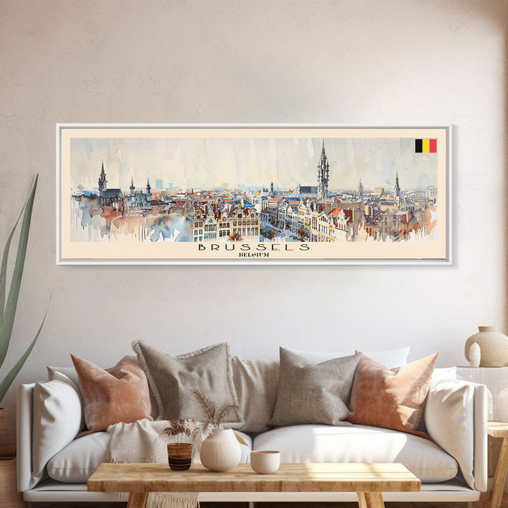 Bruges Belgium Panoramic Travel Poster, Framed Canvas Print or Metal Wall Art, Travel Art, Home Decor, Panoramic Painting, Midcentury Art